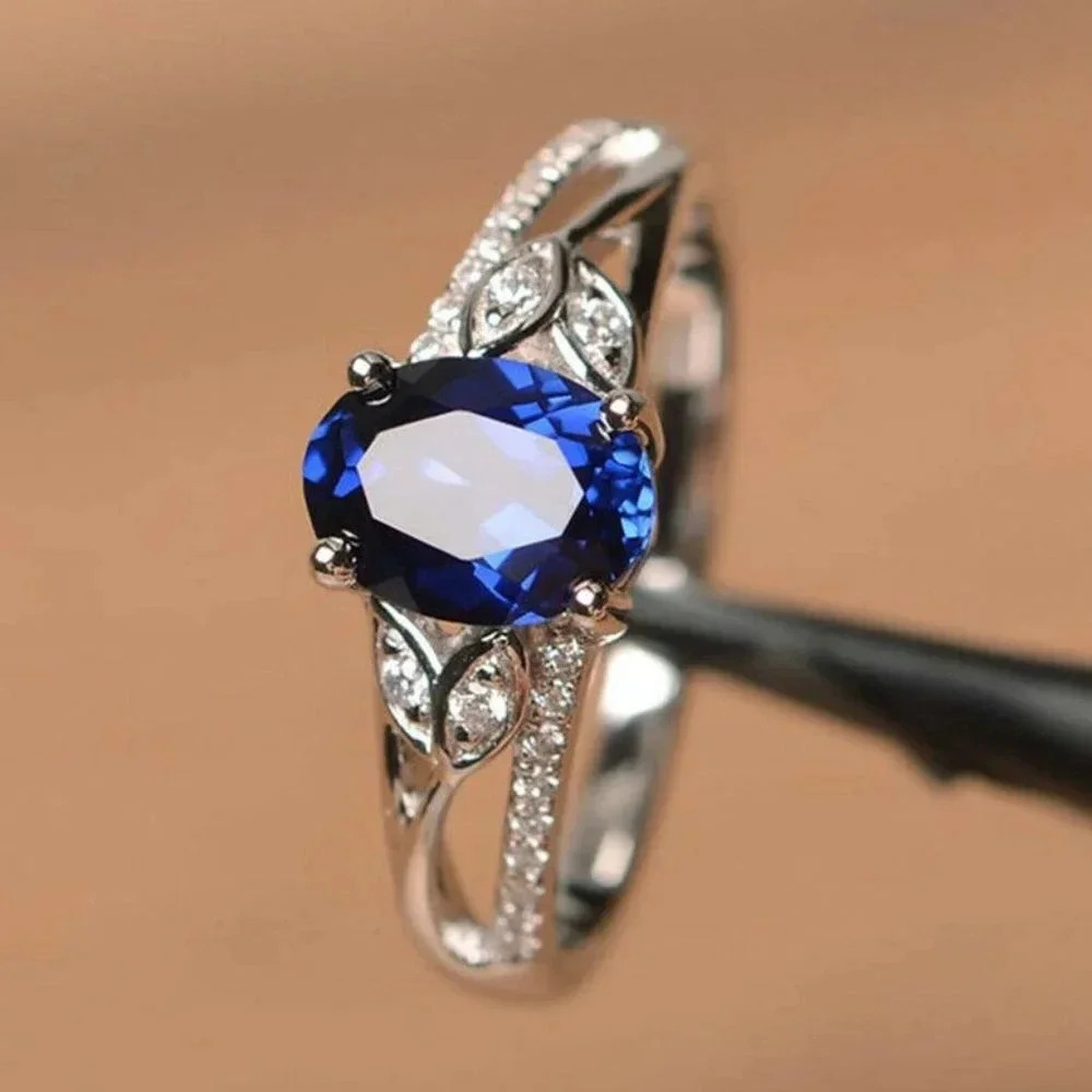 925 Sterling Silver Diamond Sapphire Cushion Cut Ring